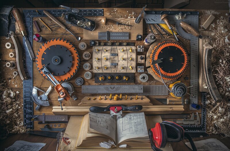 Woodworking Tools on Table — Brown, Organized