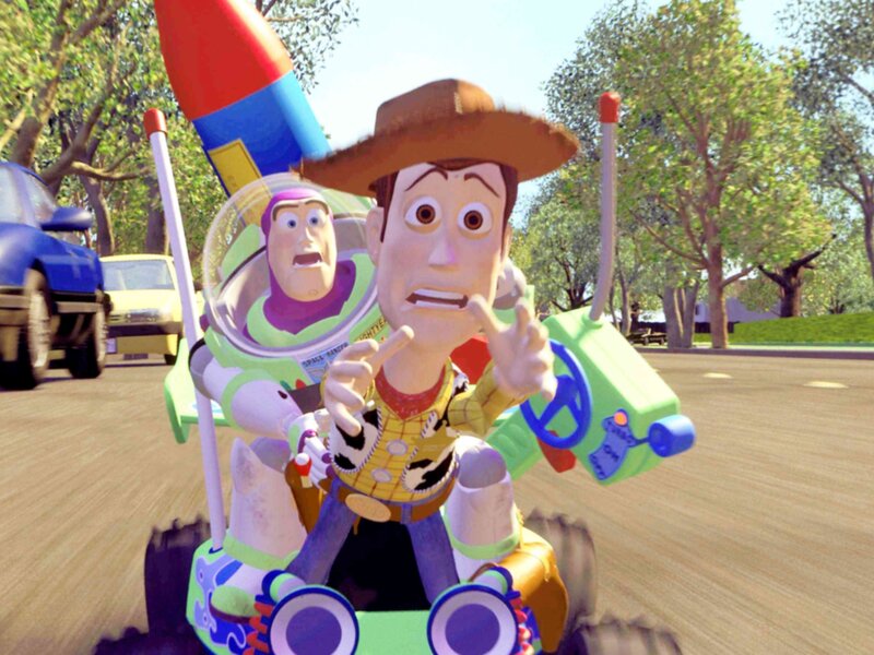 Woody and Buzz in a toy car