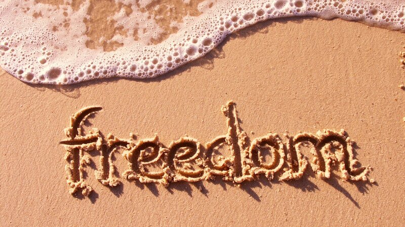 Word Freedom in Sand — Brown, Serene, Afternoon, Photograph, Wave, White