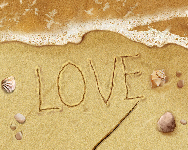 Word Love in Sand — Beige, Serene, Afternoon, Photograph, Seashells, Pebbles, Wave