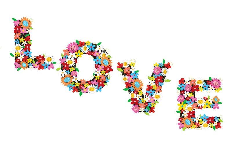 Word Love Made of Flowers — White, Cheerful, Vector Art