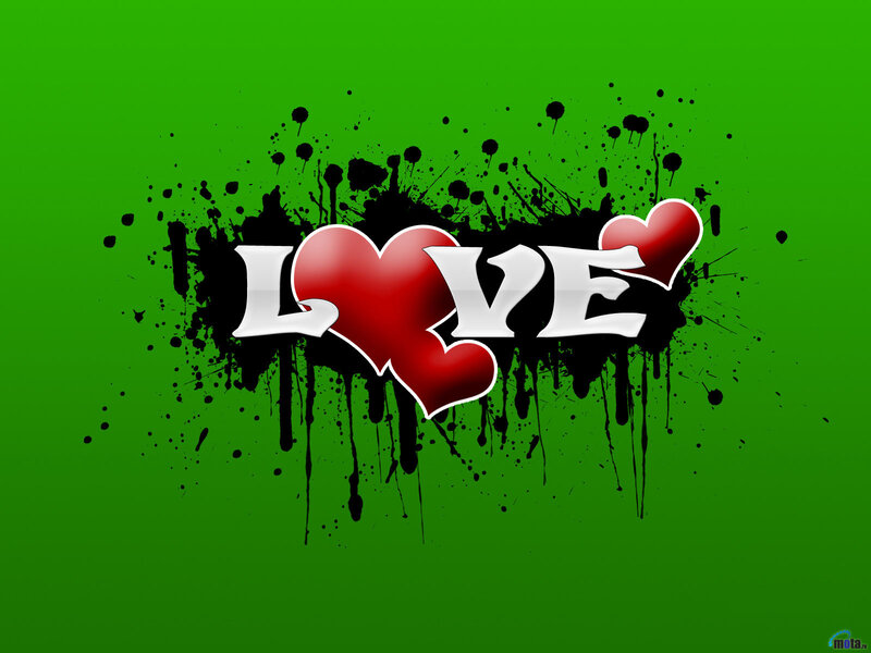 Word Love with Hearts — Green, Bold, Digital Art, Splatter