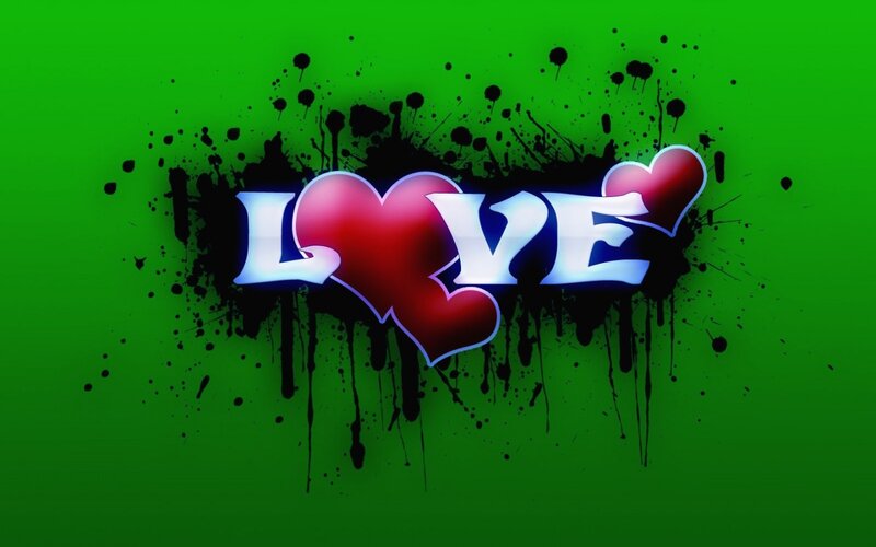 Word Love with Hearts — Green, Bold, Digital Art