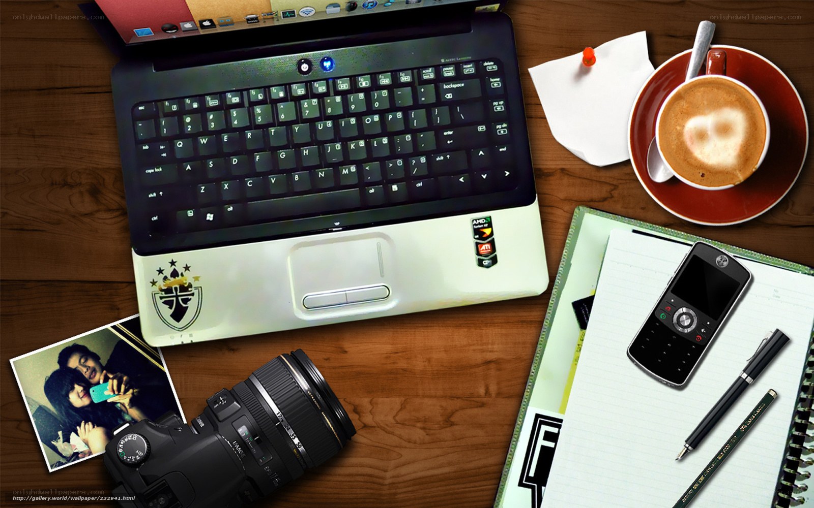 Work desk with laptop and coffee