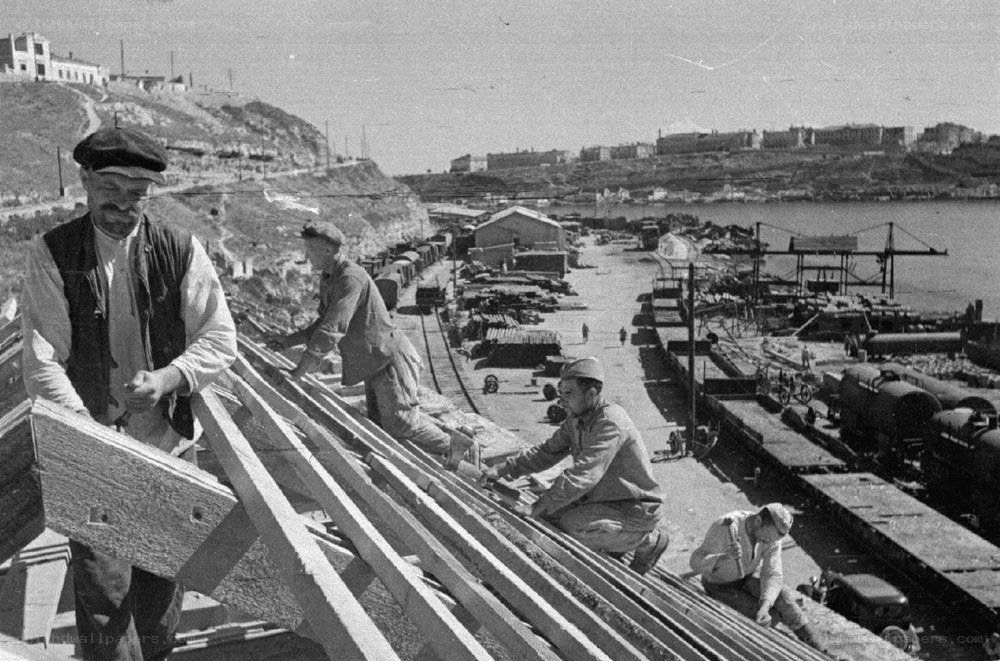 Workers at a port construction site
