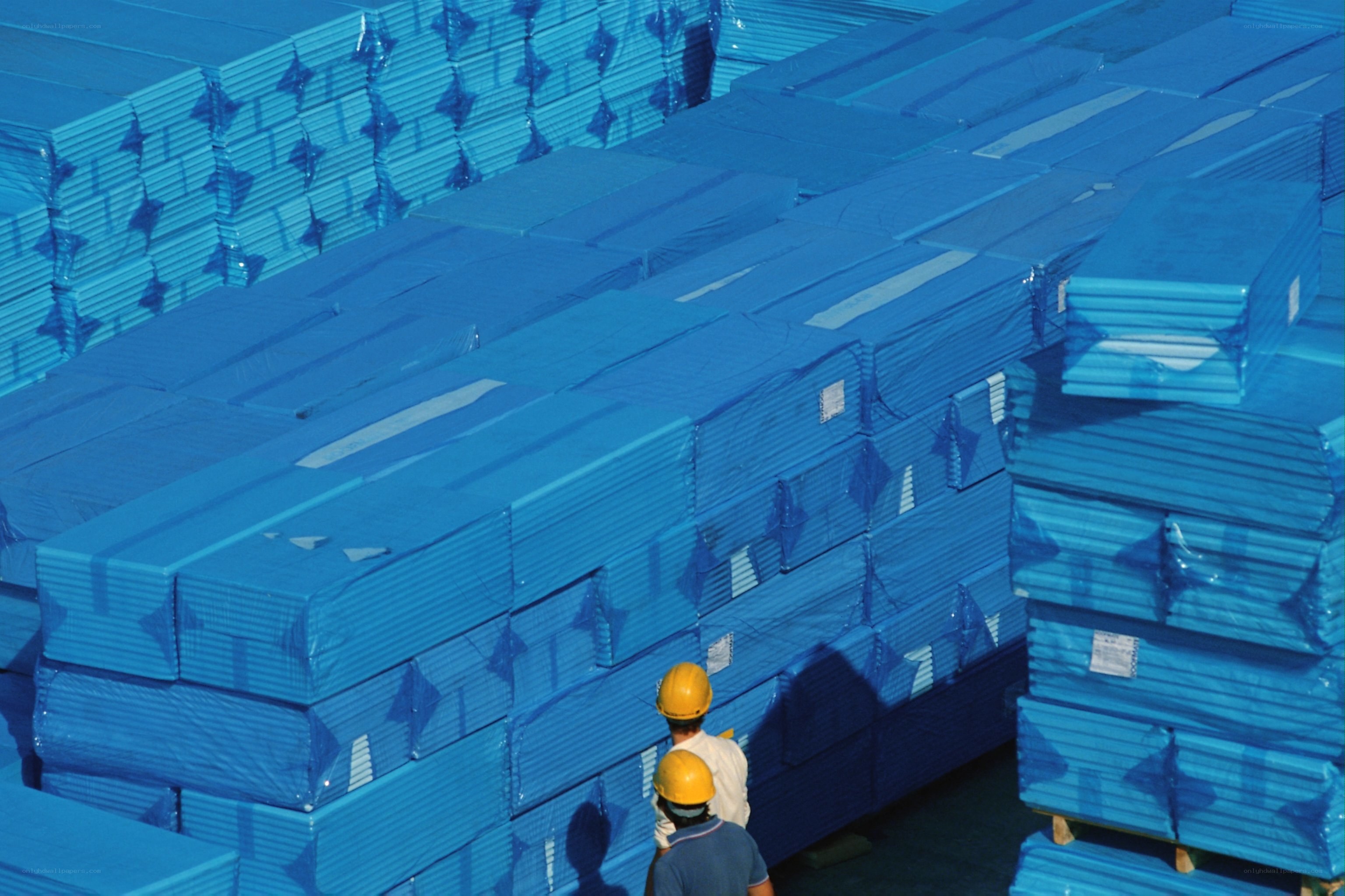 Workers in a warehouse with blue materials