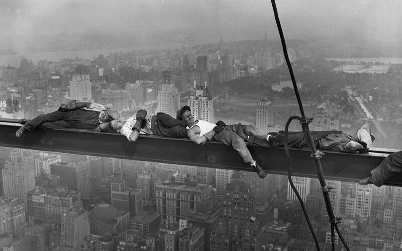 Workers on Steel Beam — Black, Dramatic, Photograph