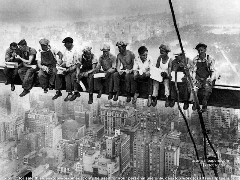 Workers on Steel Beam — Black, Dramatic