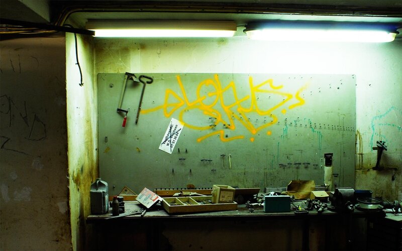 workshop with graffiti
