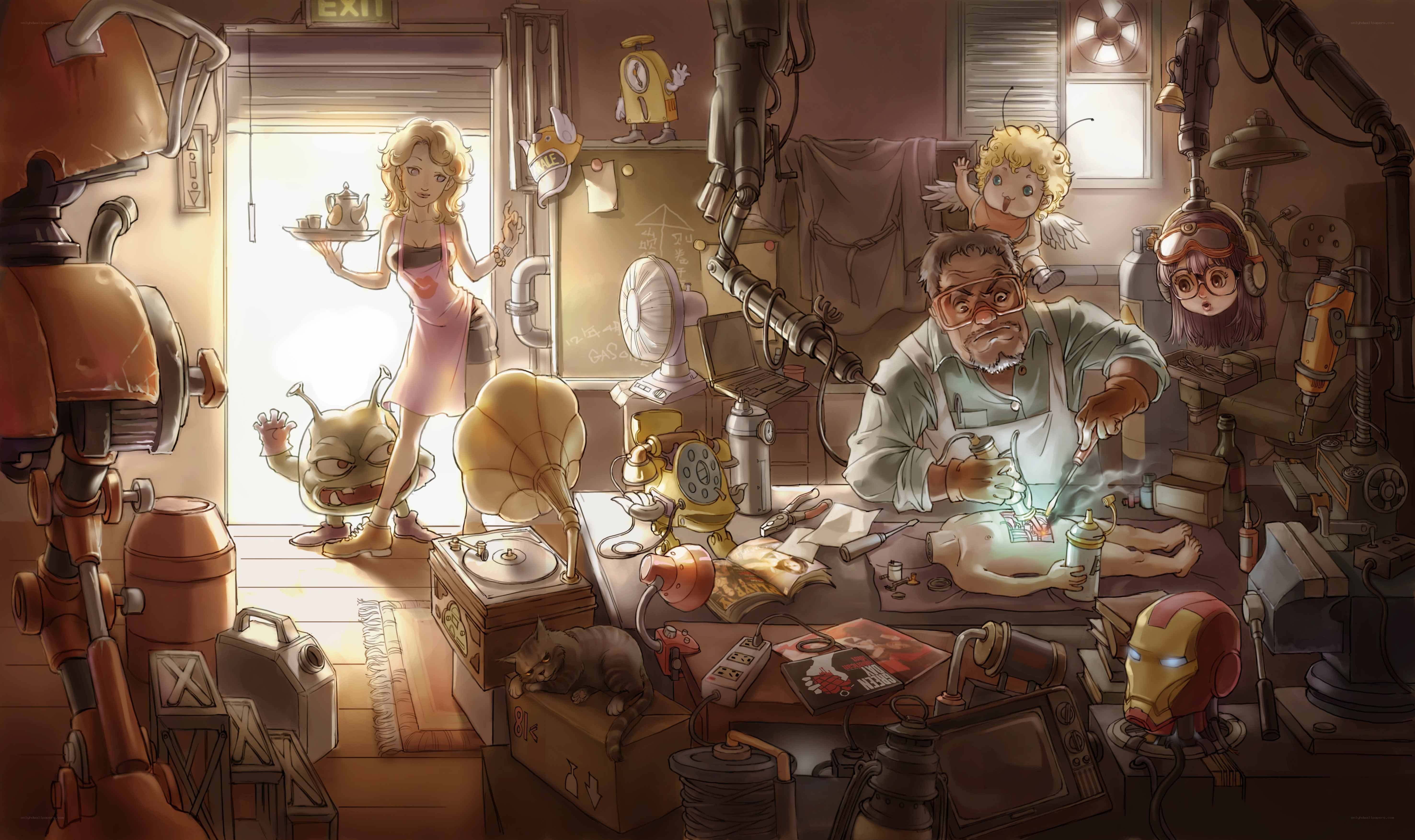 Workshop with inventor and family