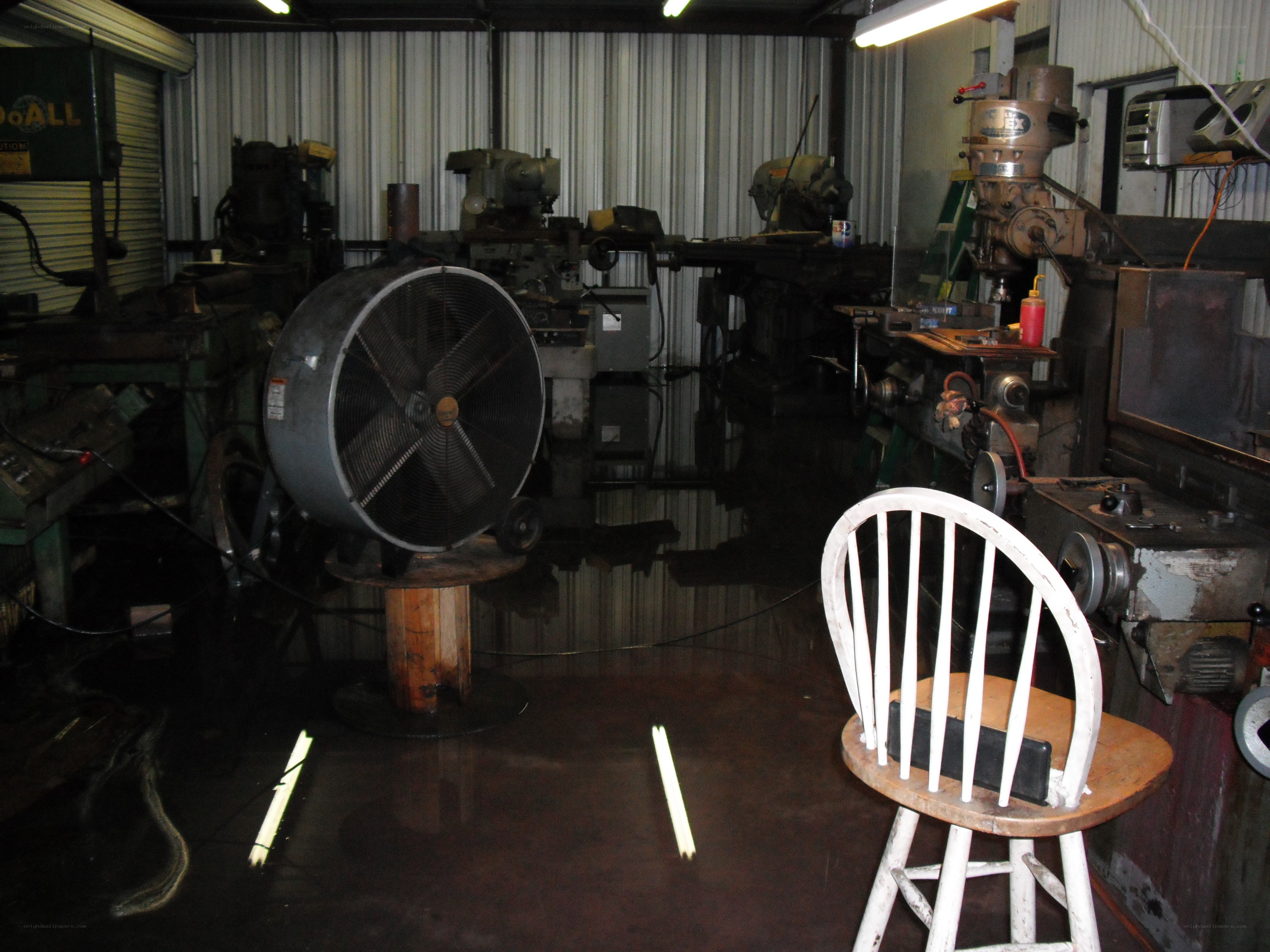 Workshop with machinery and fan