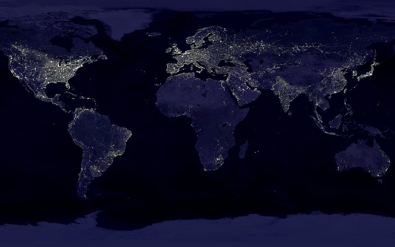 World at Night from Space — Black, Dark, Photograph, Continents, Cities, Oceans, Blue
