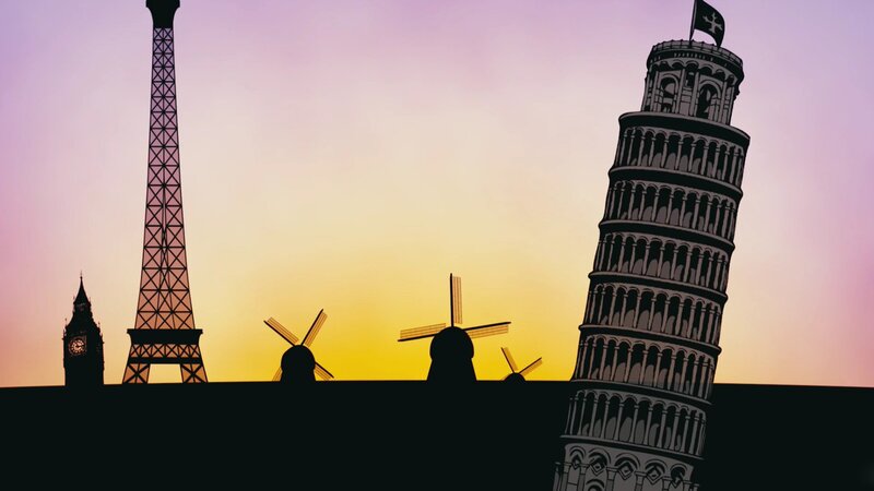 world landmarks at sunset