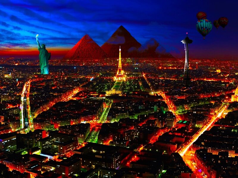 World landmarks collage at night