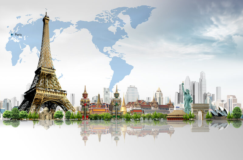 World Landmarks Collage — Blue, Serene, Illustration
