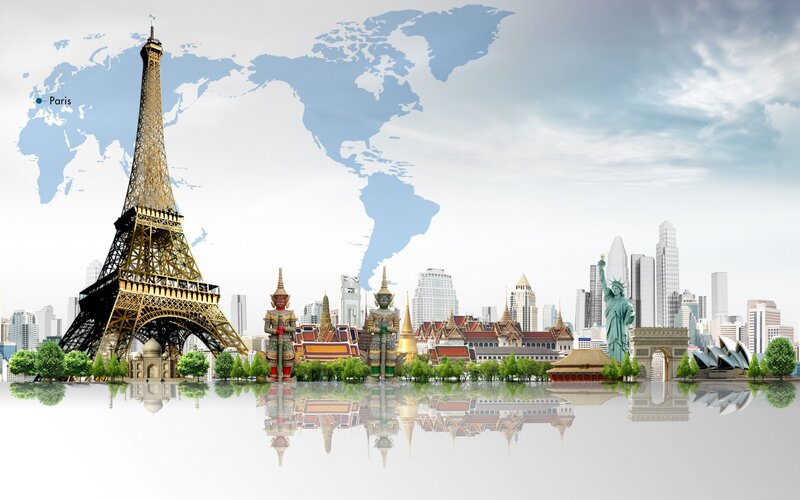 World Landmarks Collage — Blue, Serene