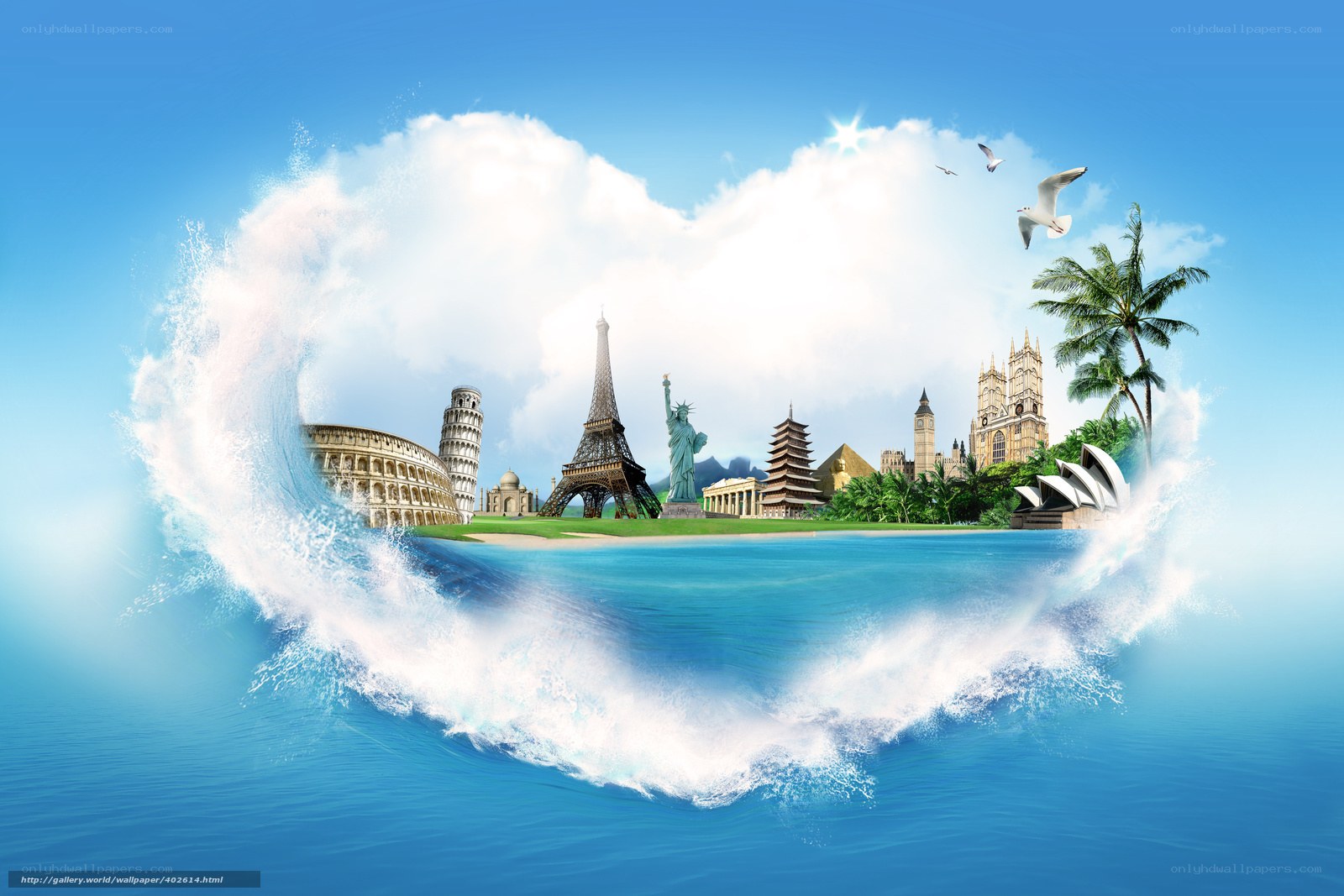 World landmarks in heart-shaped wave