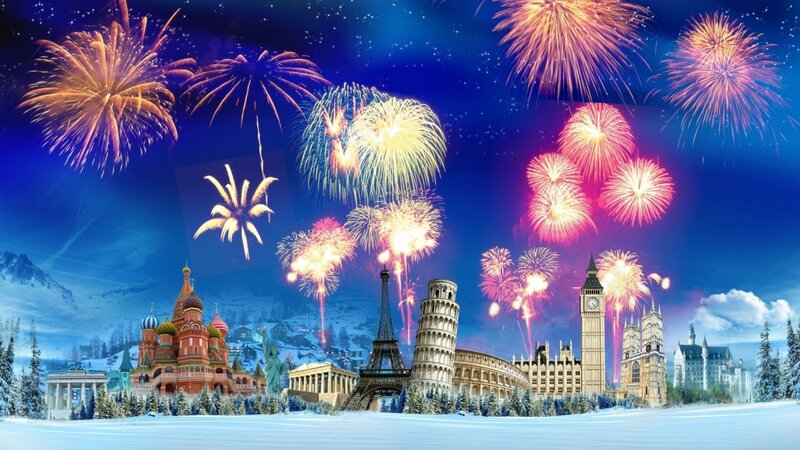 World Landmarks in Snow — Blue, Festive, Night, Digital Art, Fireworks, Statue, White