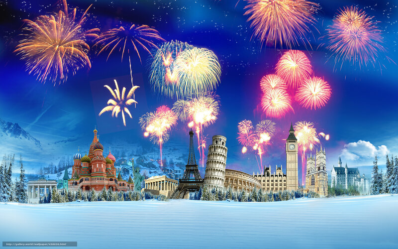 World Landmarks in Snow — Blue, Festive, Night, Digital Art