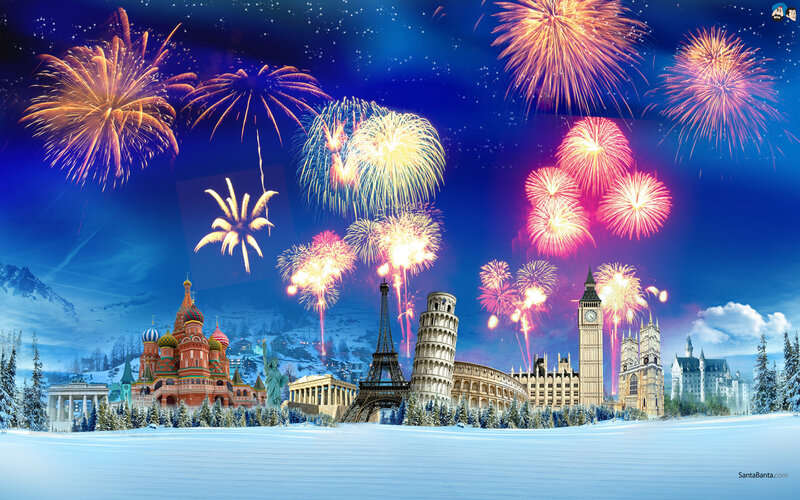 World Landmarks in Snow — Blue, Festive, Night