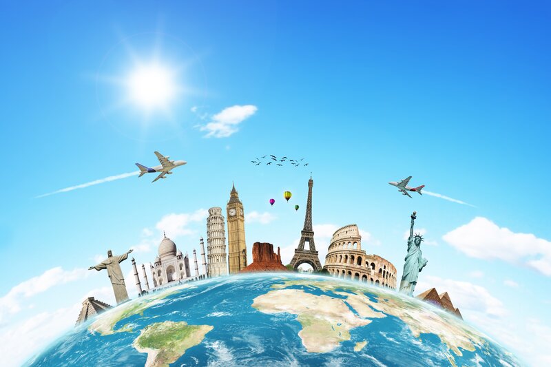 World Landmarks on Globe — Blue, Bright