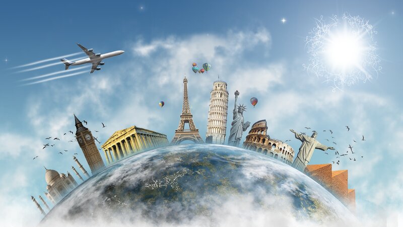 World Landmarks on Globe — Blue