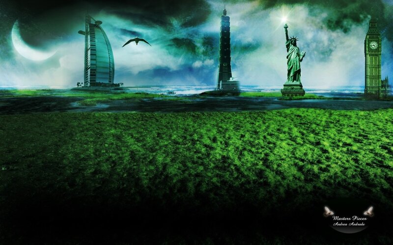 World Landmarks on Green Field