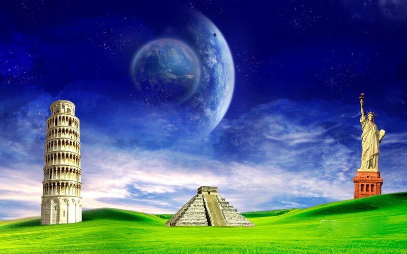 World landmarks under alien sky