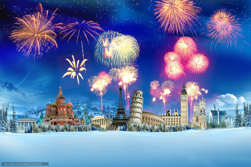 World landmarks with fireworks