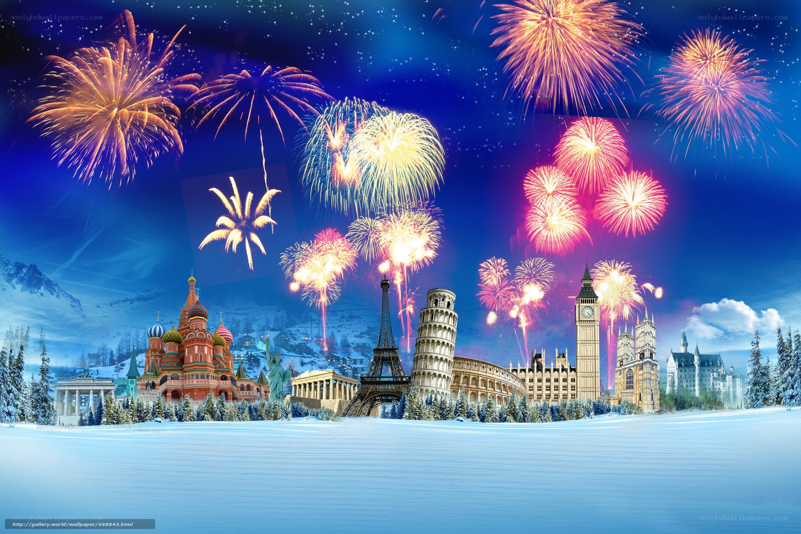 World landmarks with fireworks