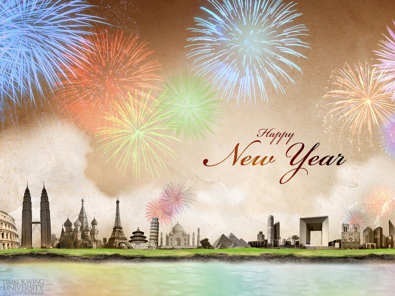 World Landmarks with Fireworks — Blue