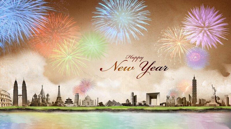 World Landmarks with Fireworks — Brown, Celebratory, Night