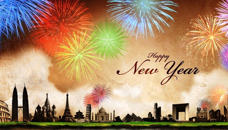 World Landmarks with Fireworks — Brown, Celebratory