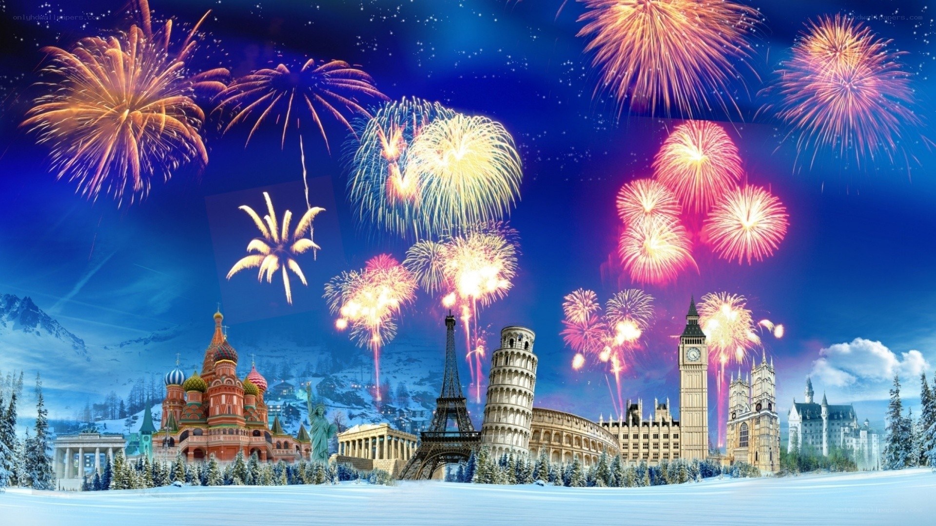 World landmarks with fireworks