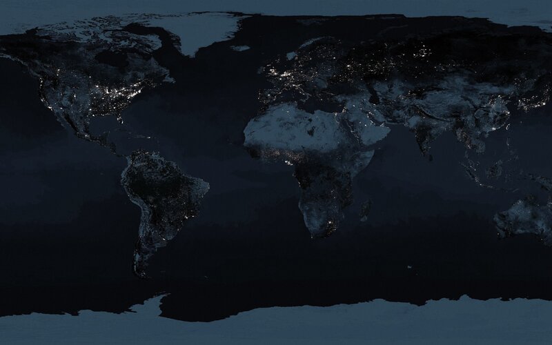 World Map at Night — Black, Dark, Digital Art, Continents