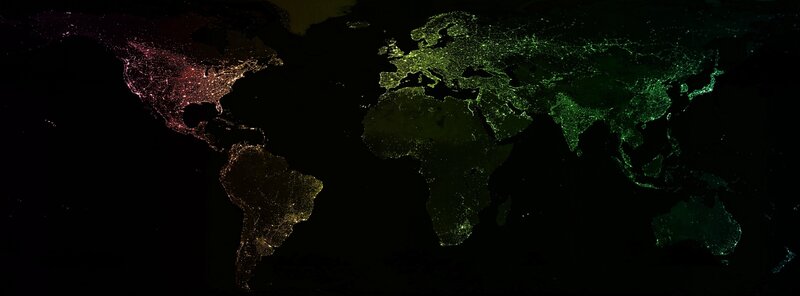 World Map at Night — Black, Dark, Photograph, Continent, City Lights