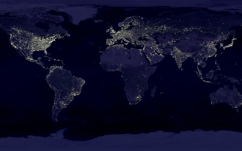 World Map at Night — Black, Dark, Photograph, Continents, Cities, Oceans, Blue, Yellow