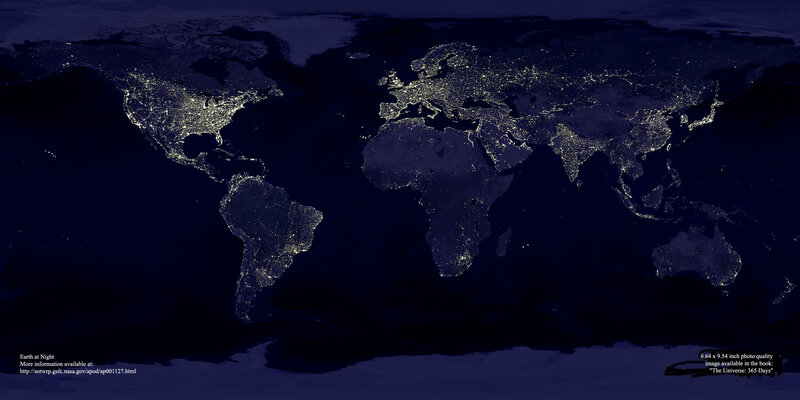 World Map at Night — Black, Dark, Photograph, Continents, City Lights, Yellow