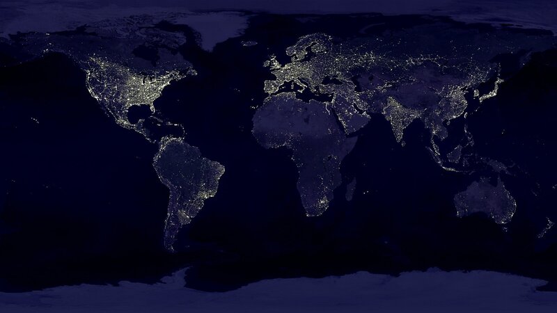 World Map at Night — Black, Dark, Photograph, Continents