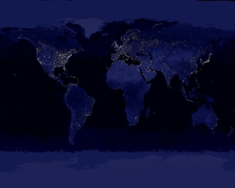 World Map at Night — Blue, Dark, Illustration, Continents