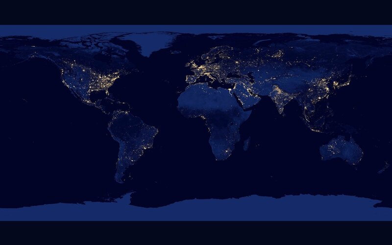 World Map at Night — Blue, Dark