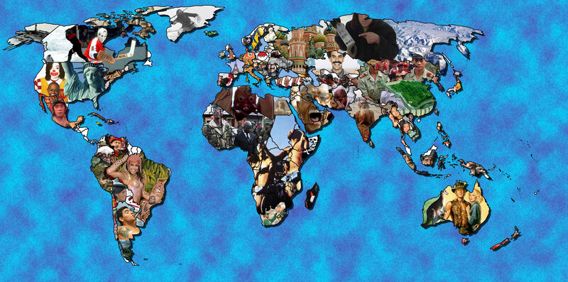 World map collage with cultural icons