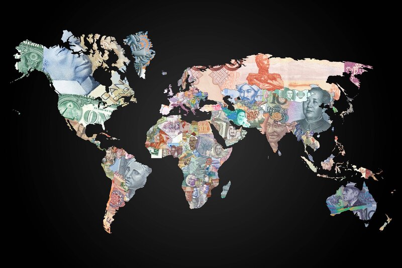 world map from currency collage
