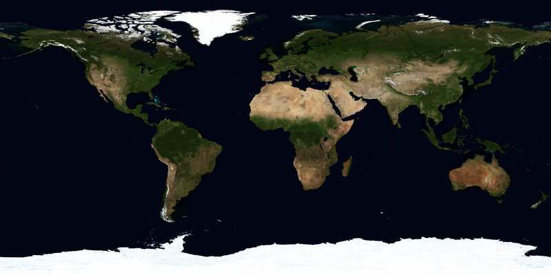 World Map from Space — Green, Neutral, Photograph, Continents, Oceans, Ice Caps, Brown, Blue