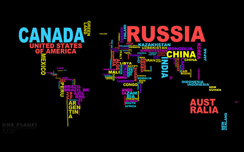 World Map Made of Country Names — Black, Visualized Information