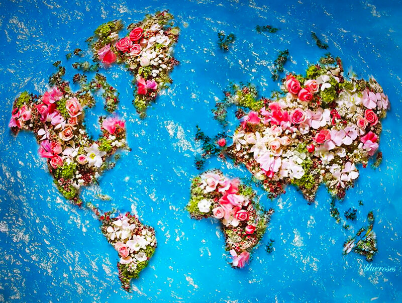 World Map Made of Flowers — Blue