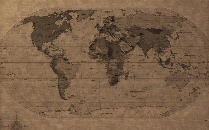 World Map on Aged Paper — Brown, Neutral, Illustration, Compass Rose, Latitude Lines