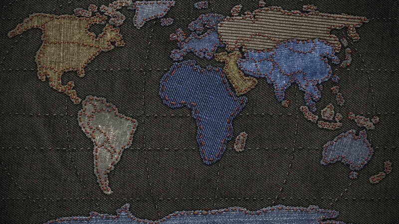 World Map on Denim — Blue, Textured, Illustration, Denim Fabric, Stitching