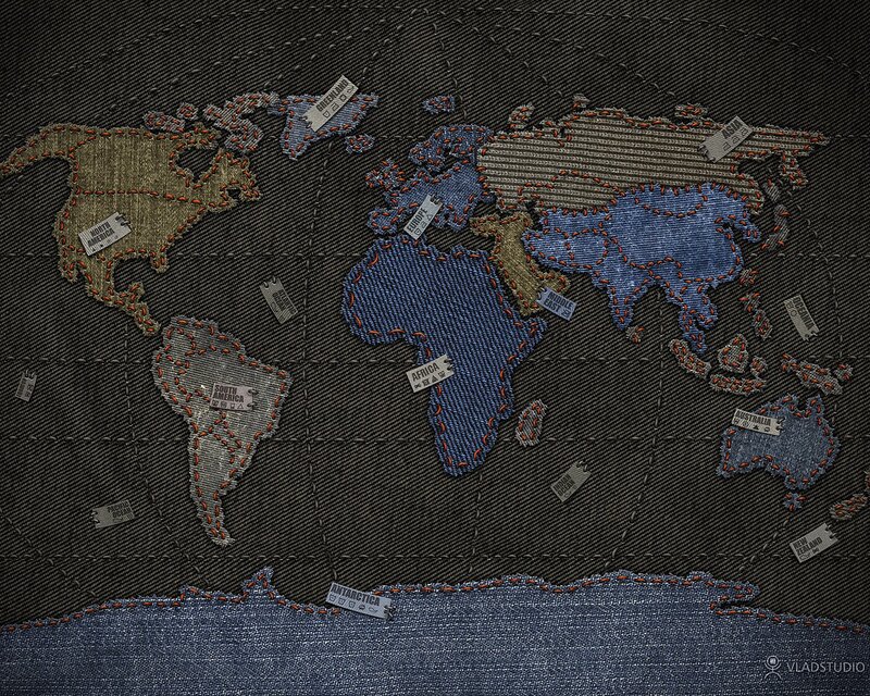 World Map on Denim — Blue, Textured