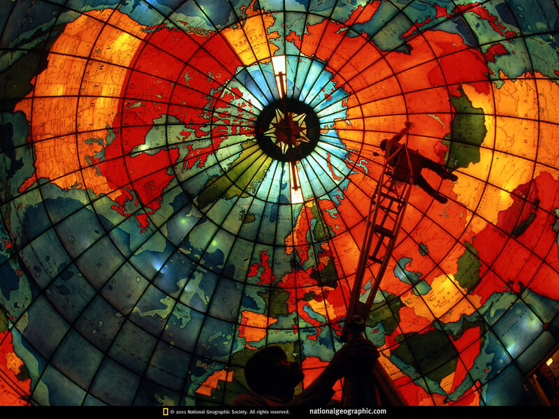 World map stained glass ceiling